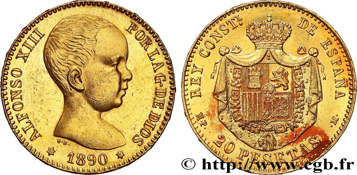 SPAIN 20 Pesetas Alphonse XIII 1890 Madrid AU/MS 