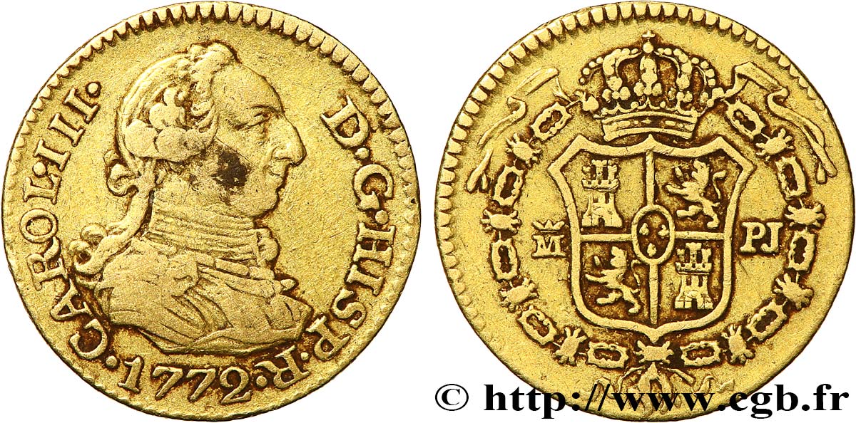 ESPAGNE 1/2 Escudo Charles III 1772 Madrid TB+ 