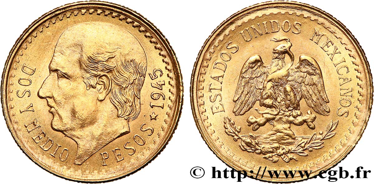 MEXICO 2 1/2 Pesos Miguel Hidalgo 1945 Mexico MS 