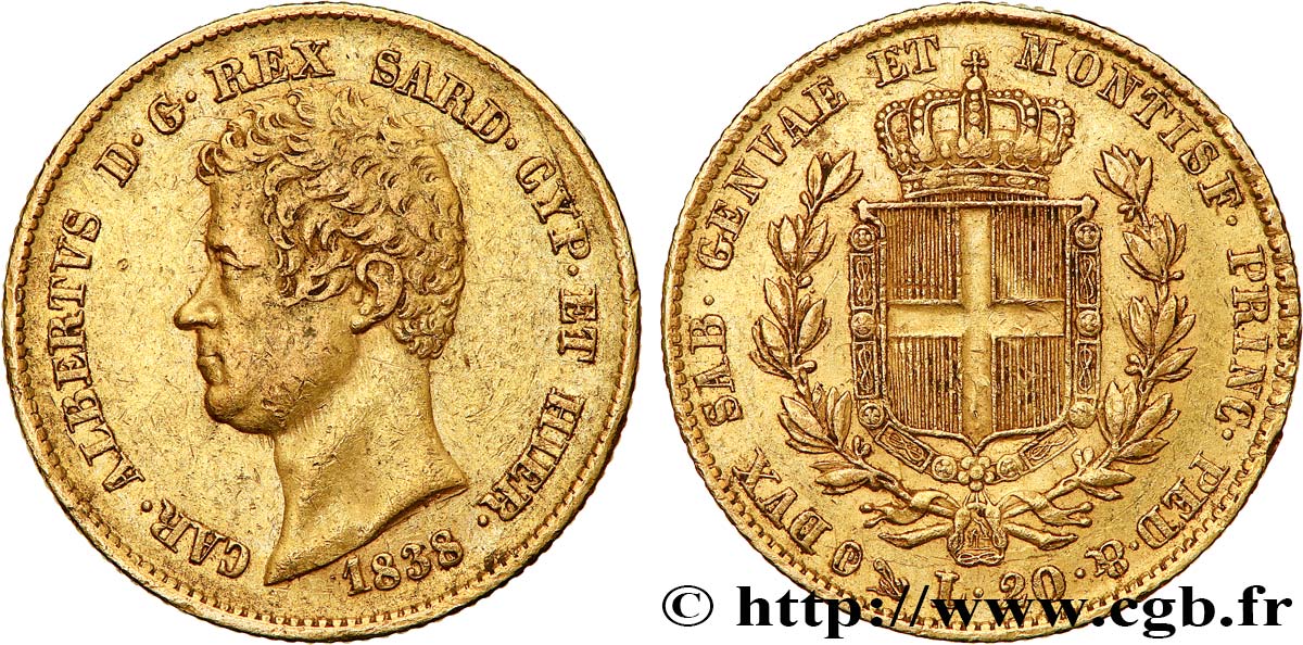 ITALY - KINGDOM OF SARDINIA 20 Lire Charles-Albert 1838 Gênes XF 