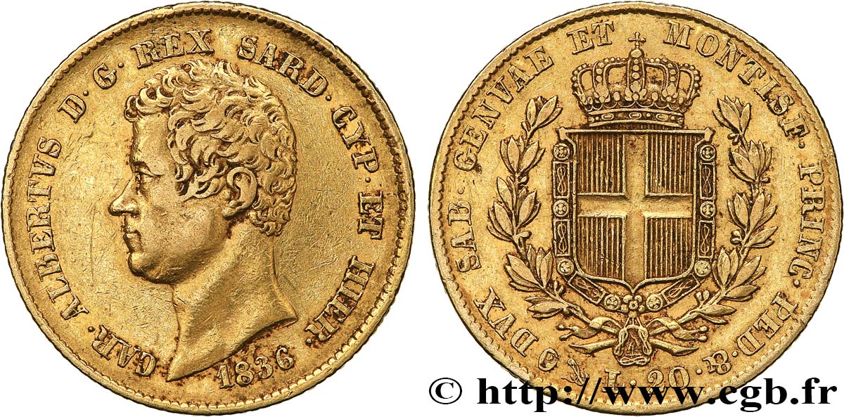 ITALIEN - KÖNIGREICH SARDINIEN 20 Lire Charles-Albert 1836 Gênes fSS/SS 