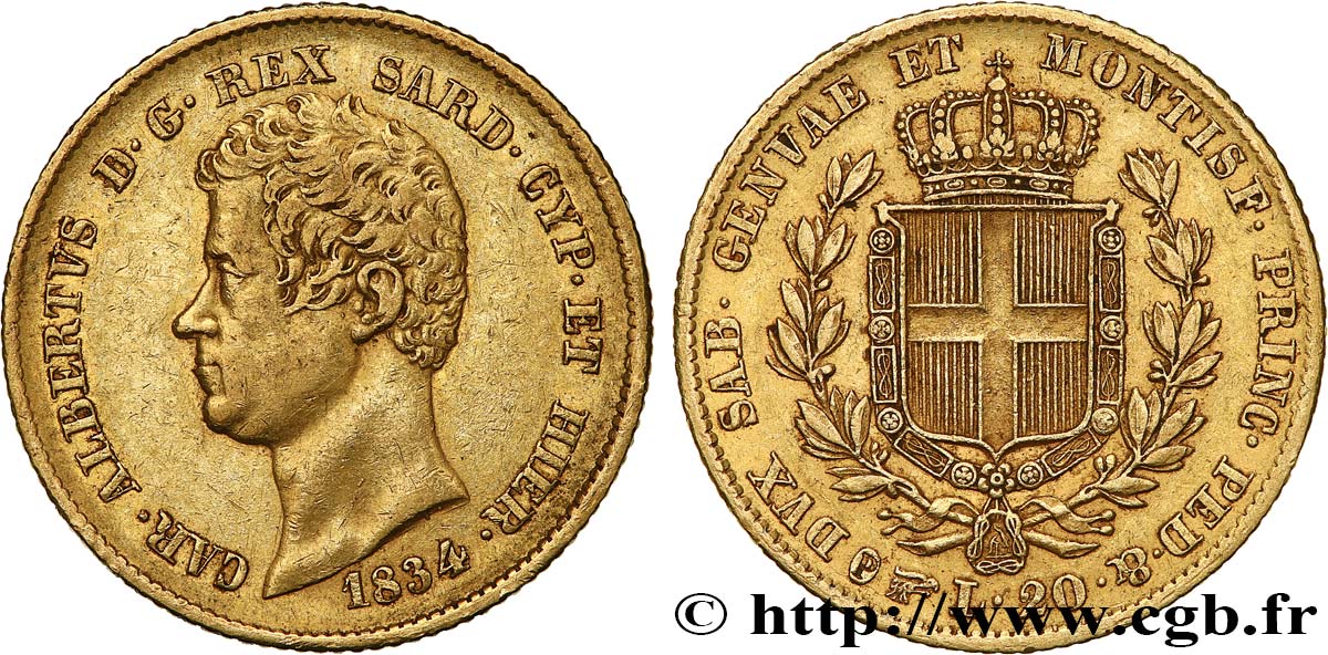 ITALY - KINGDOM OF SARDINIA 20 Lire Charles-Albert 1834 Turin XF 