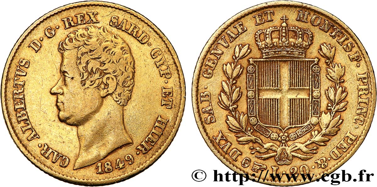 ITALY - KINGDOM OF SARDINIA 20 Lire Charles-Albert 1849 Turin VF/XF 