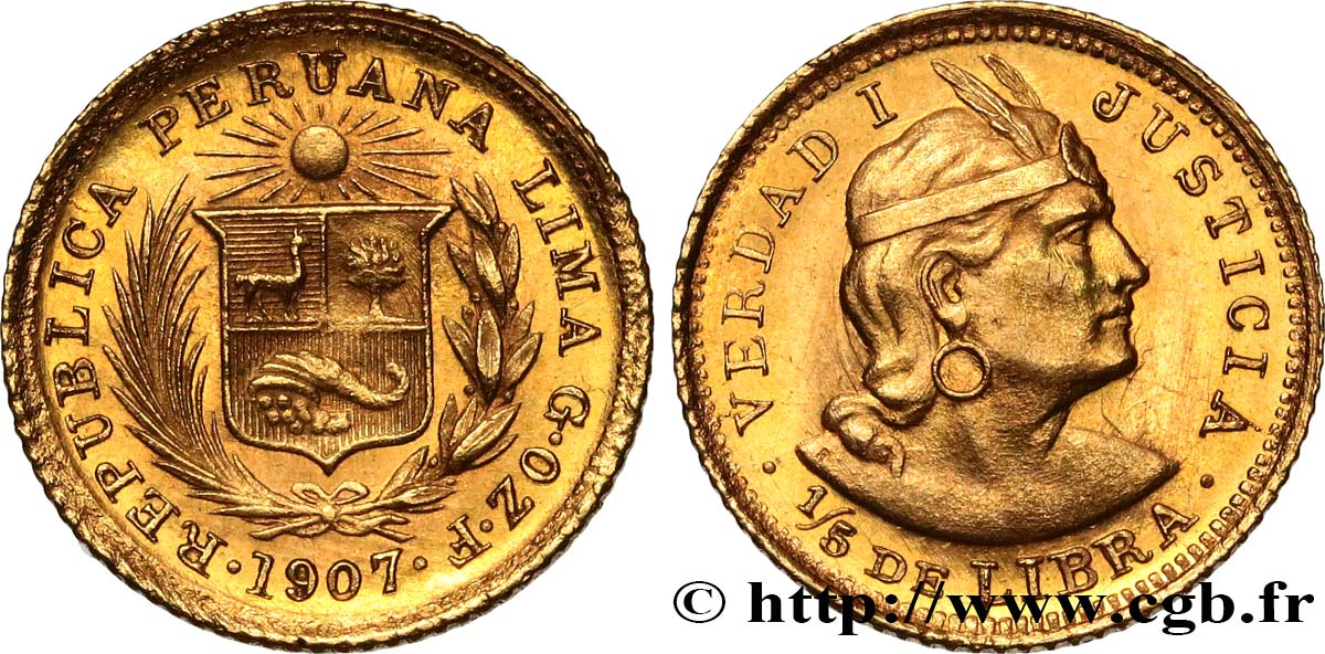 PÉROU 1/5 Libra or emblème / indien 1907 Lima SUP 