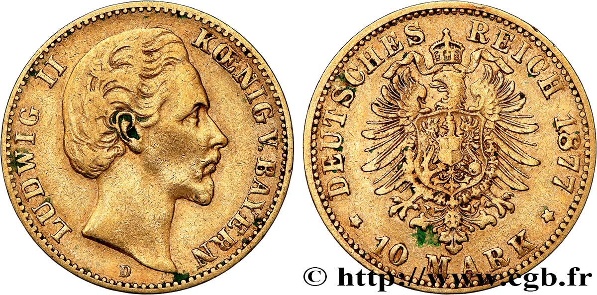 GERMANY - BAVARIA 10 Mark Louis II 1877 Münich XF 