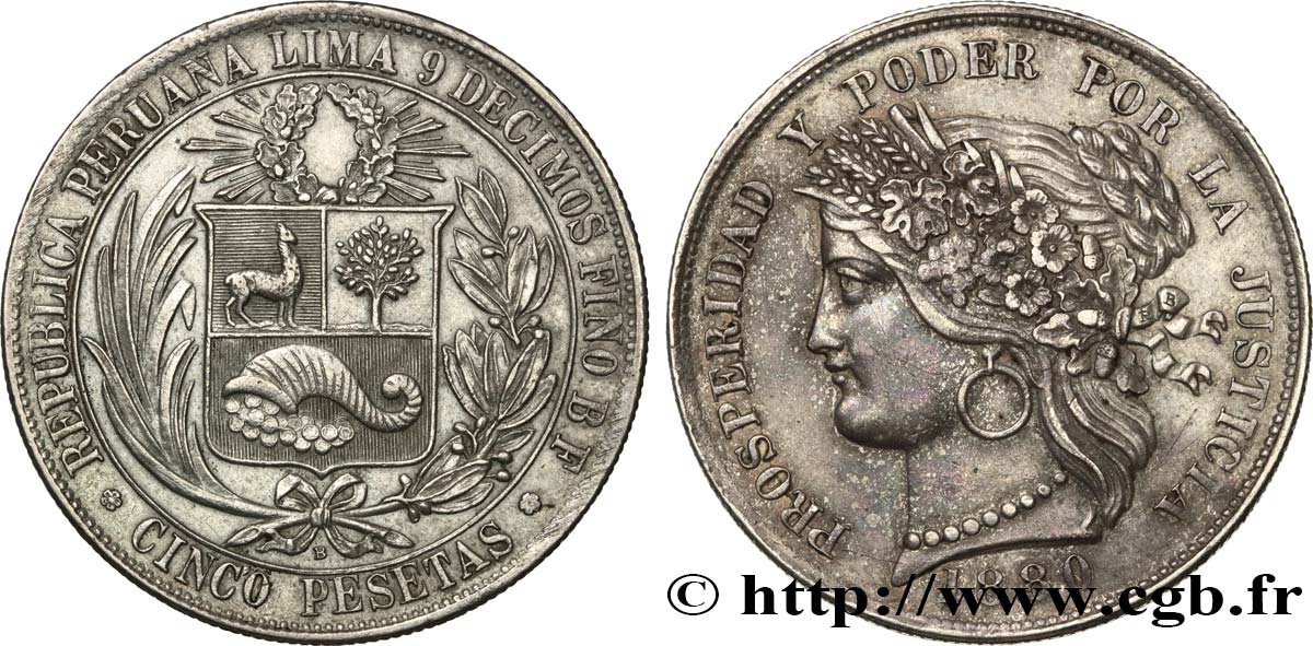 PERú 5 Pesetas 1880 Lima MBC/MBC+ 