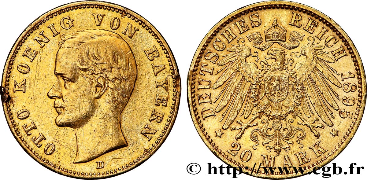 GERMANY - BAVARIA 20 Mark Othon Ier 1895 Munich XF/AU 