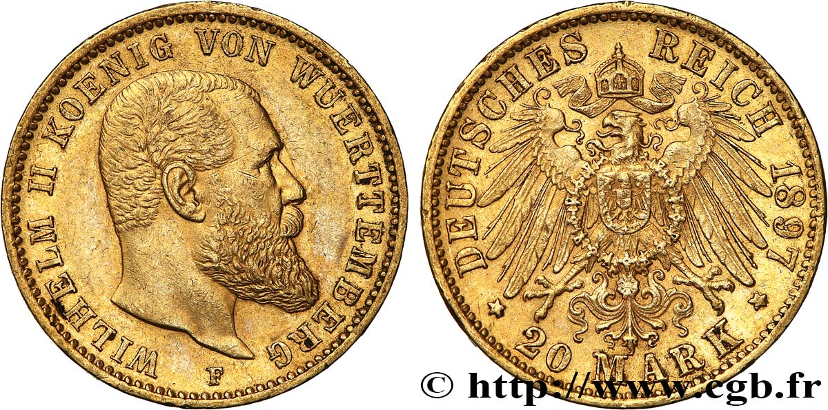 ALLEMAGNE - WURTEMBERG 20 Mark Guillaume II 1897 Stuttgart TTB+ 