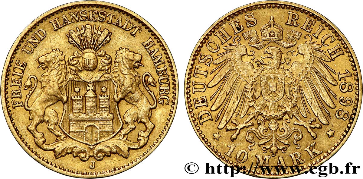 GERMANIA - LIBERA CITTA DE AMBURGO 10 Mark 1898 Hambourg q.SPL 