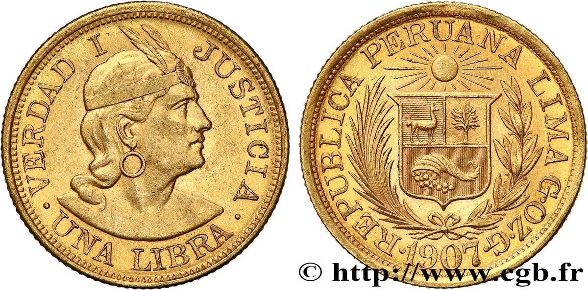 PERU 1 Libra 1907 Lima AU/MS 
