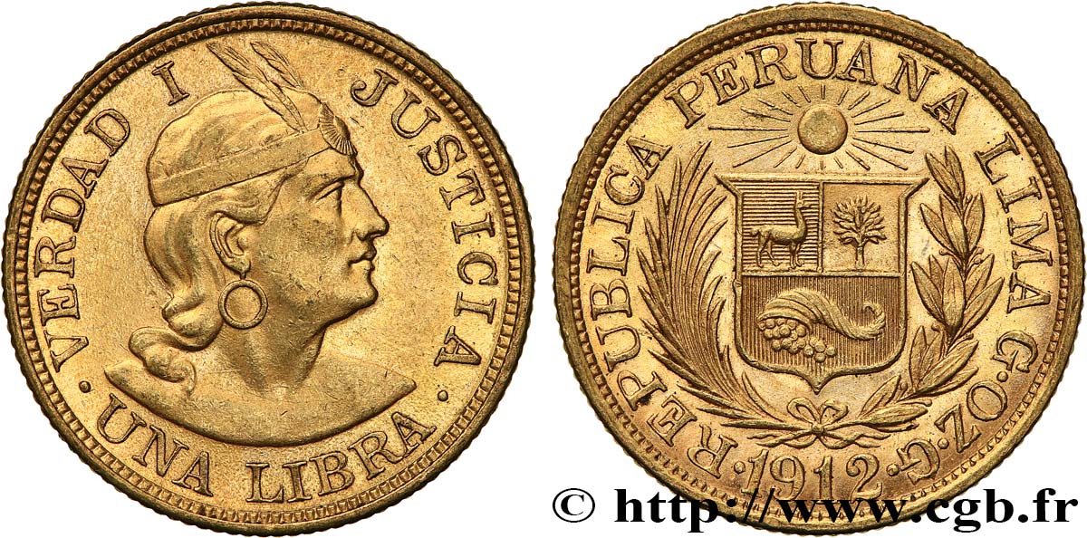 PERU 1 Libra 1912 Lima AU/MS 