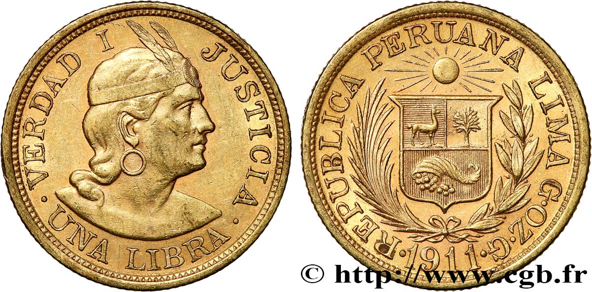 PERU 1 Libra 1911 Lima SPL 