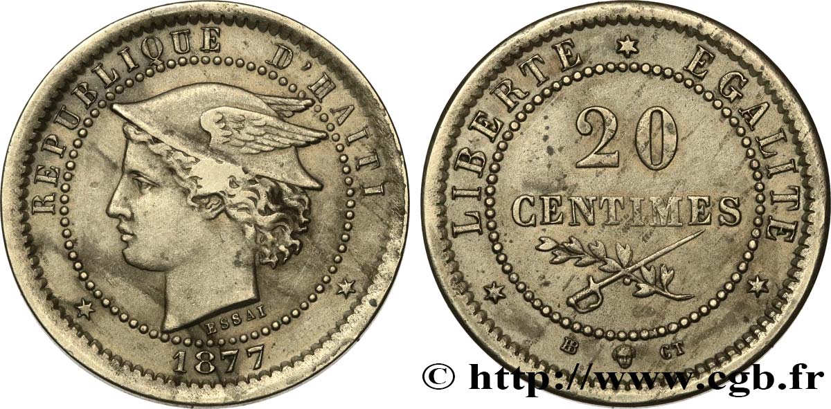HAITI - REPUBLIC Essai de 20 centimes buste au pégase 1877  AU 