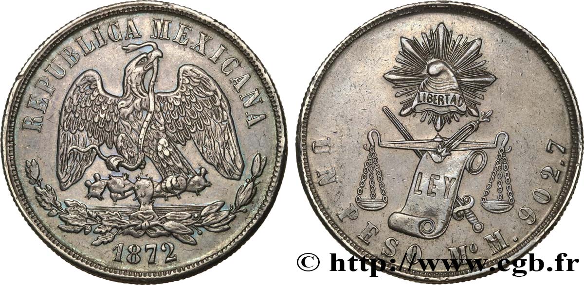 MÉXICO 1 Peso aigle 1872 Mexico MBC+ 