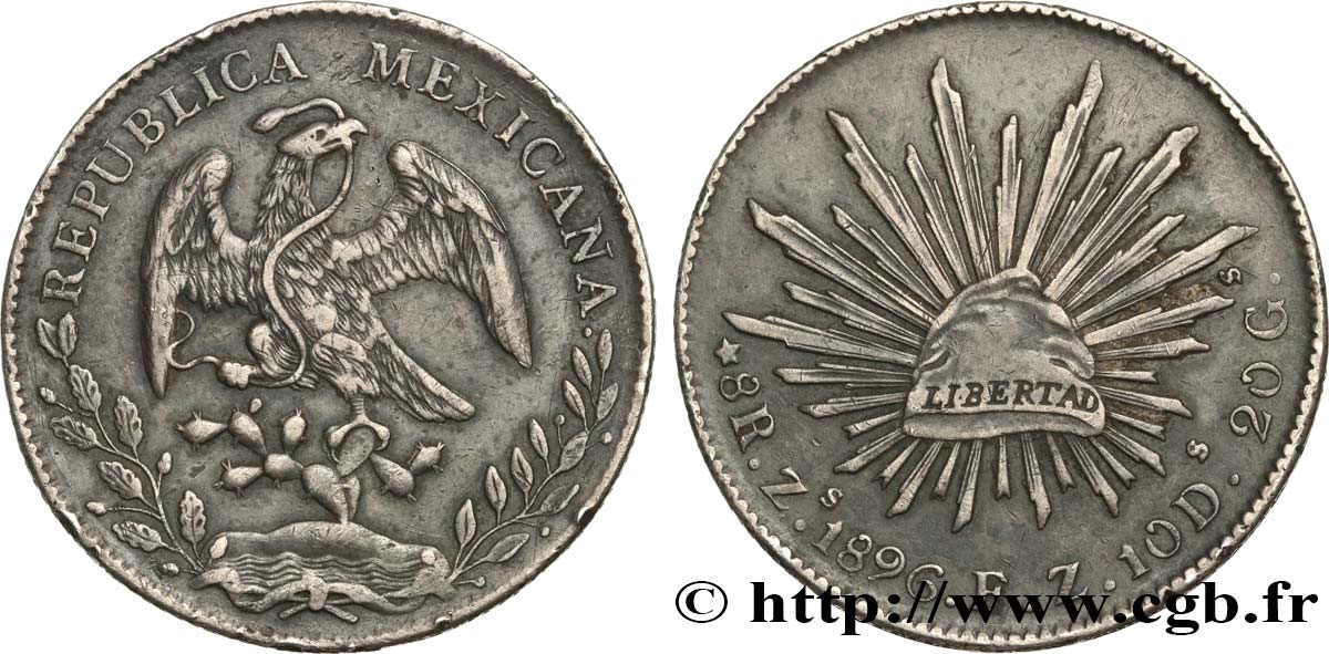 MEXICO 8 Reales Aigle / bonnet phrygien sur soleil avec contremarques 1896 Zacatecas Zs AU 