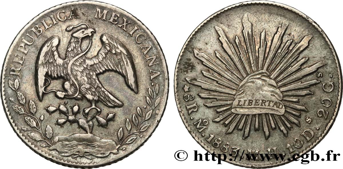 MEXIQUE 8 Reales Aigle / bonnet phrygien sur soleil 1883 Mexico - M° TTB+ 