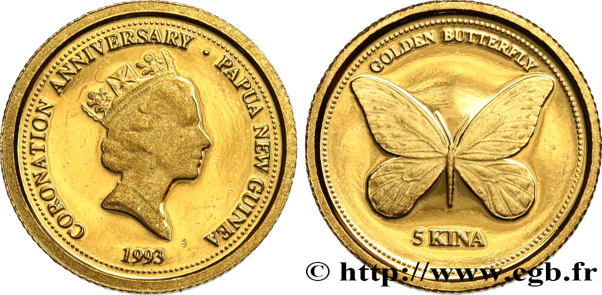 PAPOUASIE NOUVELLE GUINÉE 5 Kina Proof Papillon 1993 Franklin Mint SPL 