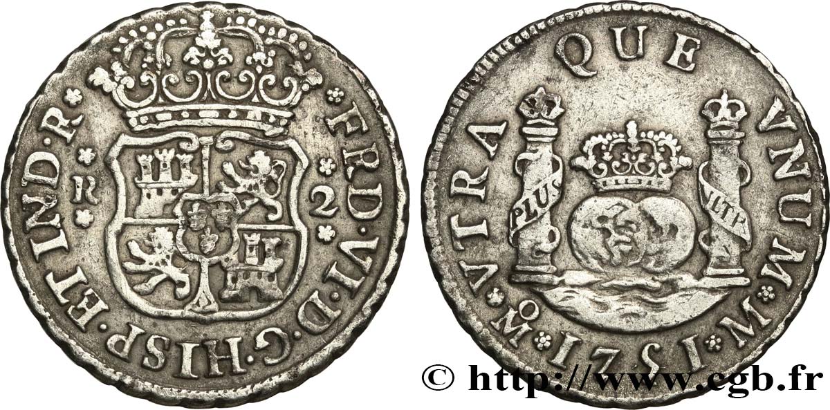 MEXIQUE 2 Reales Ferdinand VI 1751 Mexico TTB 
