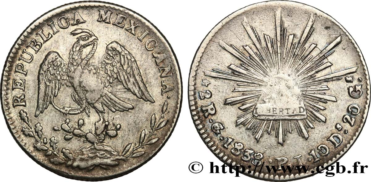 MEXICO 2 Reales 1838 Guanajuato XF 