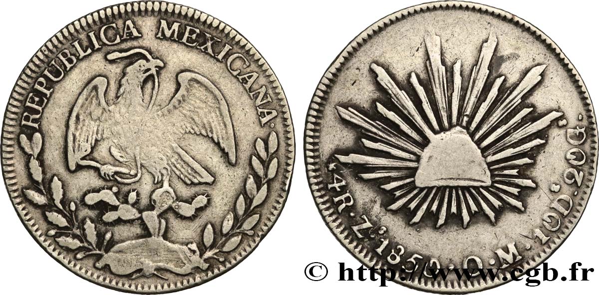 MEXIQUE 4 Reales aigle / bonnet phrygien 1850 Zacatecas TB+ 