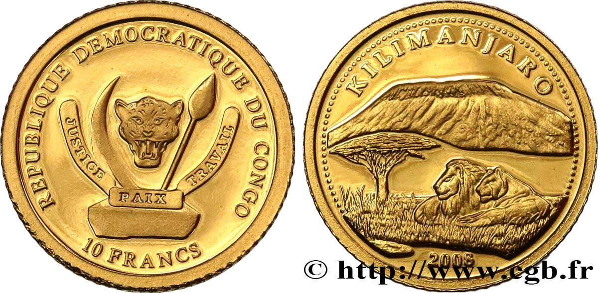 DEMOKRATISCHE REPUBLIK KONGO 10 Francs Proof Kilimanjaro 2008  fST 