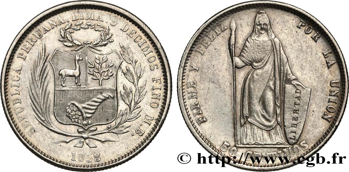 PERU 50 centimos 1858 Lima AU 