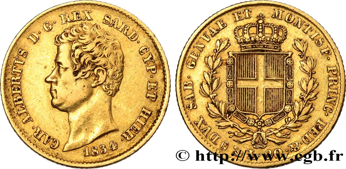 ITALY - KINGDOM OF SARDINIA 20 Lire Charles-Albert 1834 Gênes XF 