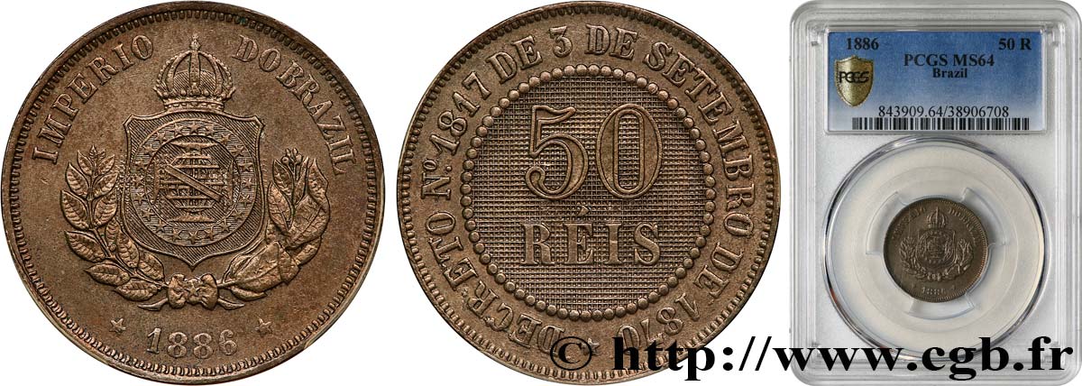 BRÉSIL 50 Reis Empereur Pierre II 1886  SPL64 PCGS