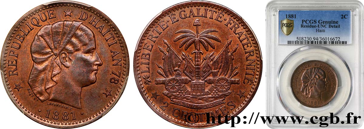 HAITI 2 Centimes an 78 emblème “Liberté créole” de Roty 1881 Paris AU PCGS