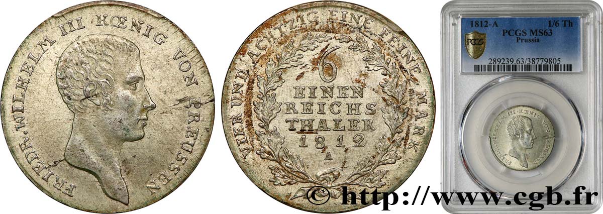 GERMANY - PRUSSIA 1/6 Thaler Frédéric-Guillaume III 1812 Berlin MS63 PCGS