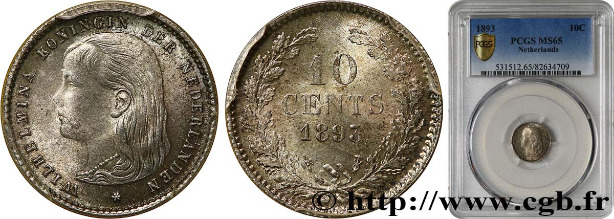PAESI BASSI 10 Cents Wilhelmine 1893 Utrecht FDC65 PCGS