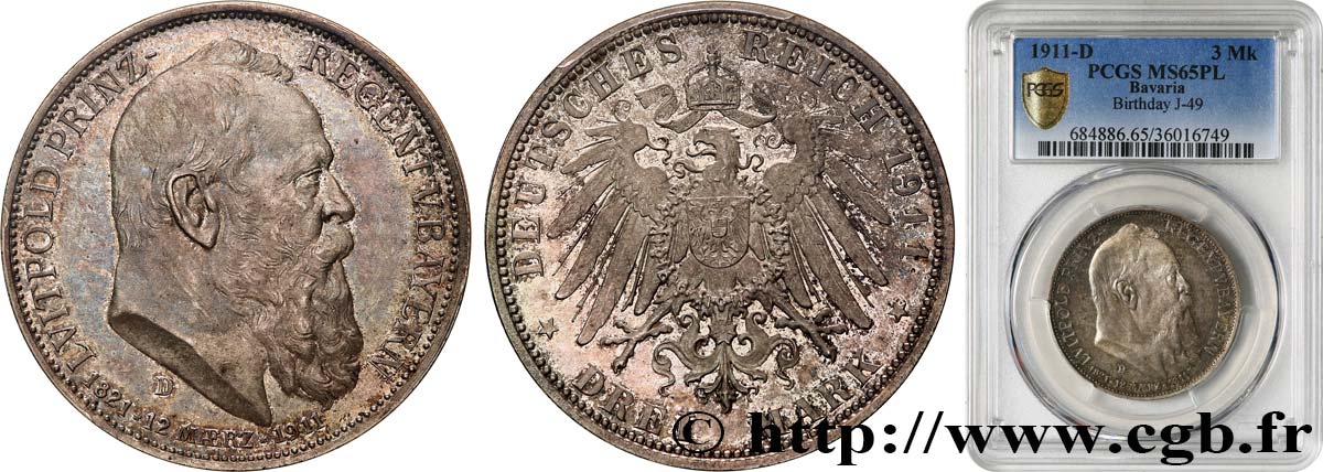 GERMANIA - BAVIERIA 3 Mark Léopold  1911 Munich  FDC65 PCGS