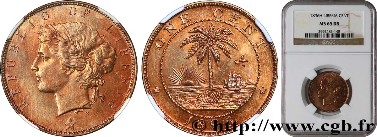 LIBERIA 1 Cent  1896 Heaton MS65 NGC