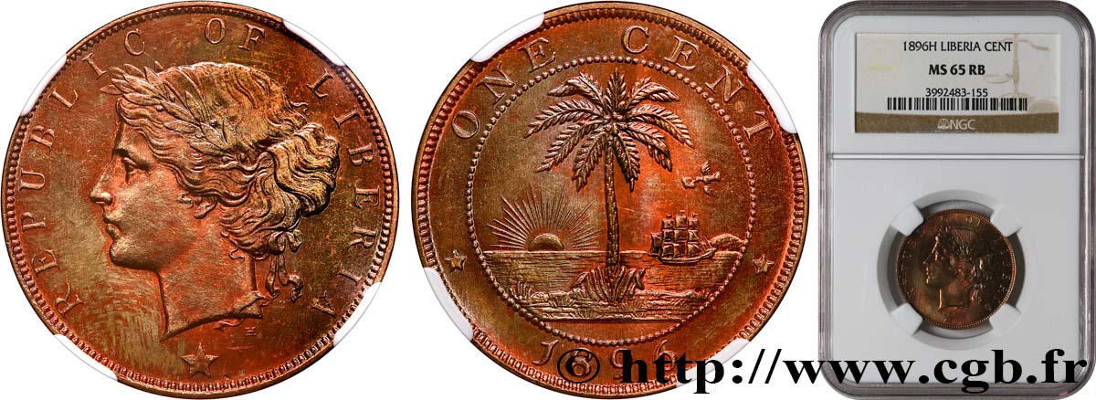 LIBERIA 1 Cent  1896 Heaton FDC65 NGC
