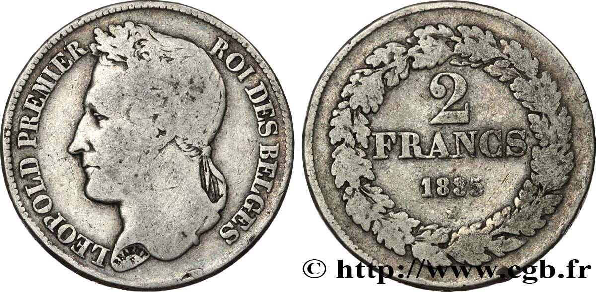 BELGIEN 2 Francs Léopold Ier tête laurée 1835  S 