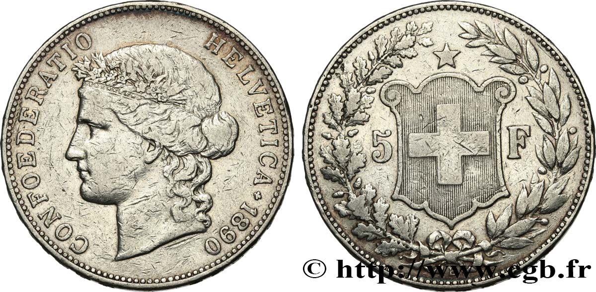 SCHWEIZ 5 Francs Helvetia 1890 Berne fSS/SS 