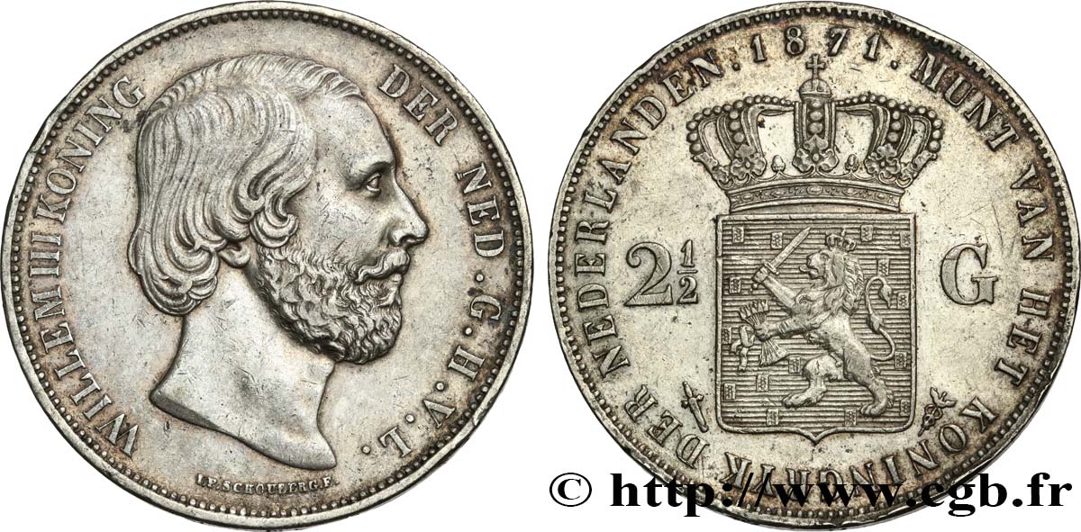NETHERLANDS 2 1/2 Gulden Guillaume III 1871 Utrecht XF 