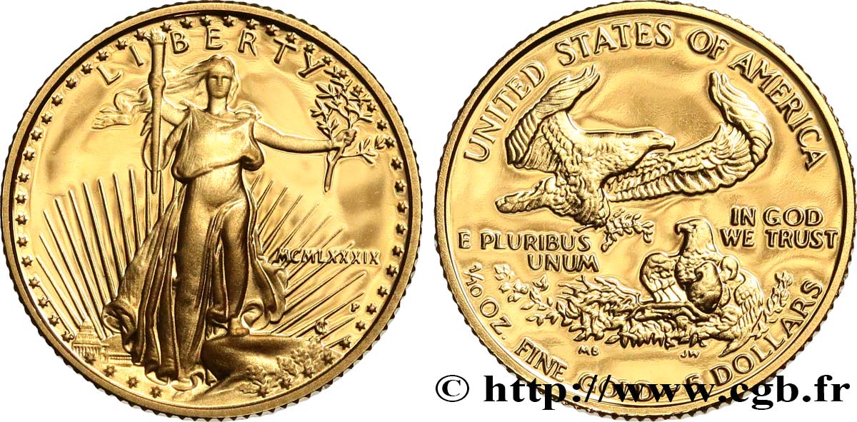 UNITED STATES OF AMERICA 1/10 once ou 5 Dollars Proof 1989 Philadelphie MS 