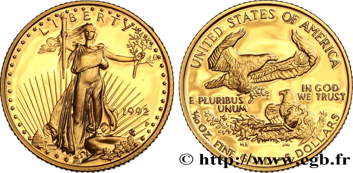 UNITED STATES OF AMERICA 1/10 once ou 5 Dollars Proof 1992 Philadelphie MS 