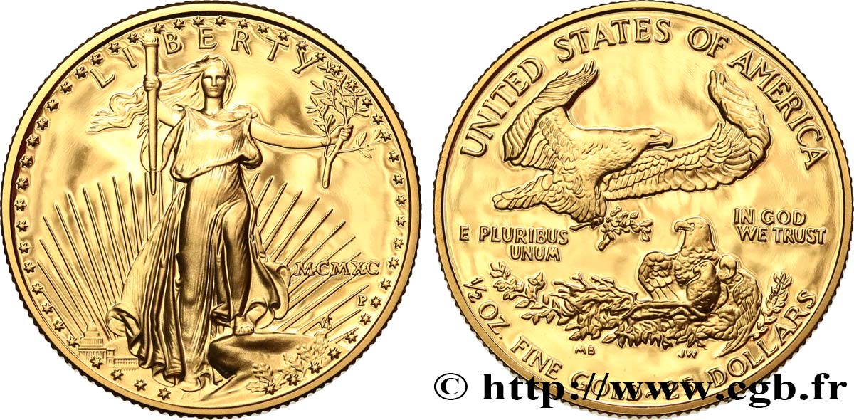 UNITED STATES OF AMERICA 1/2 once ou 25 Dollars Proof 1990 Philadelphie MS 