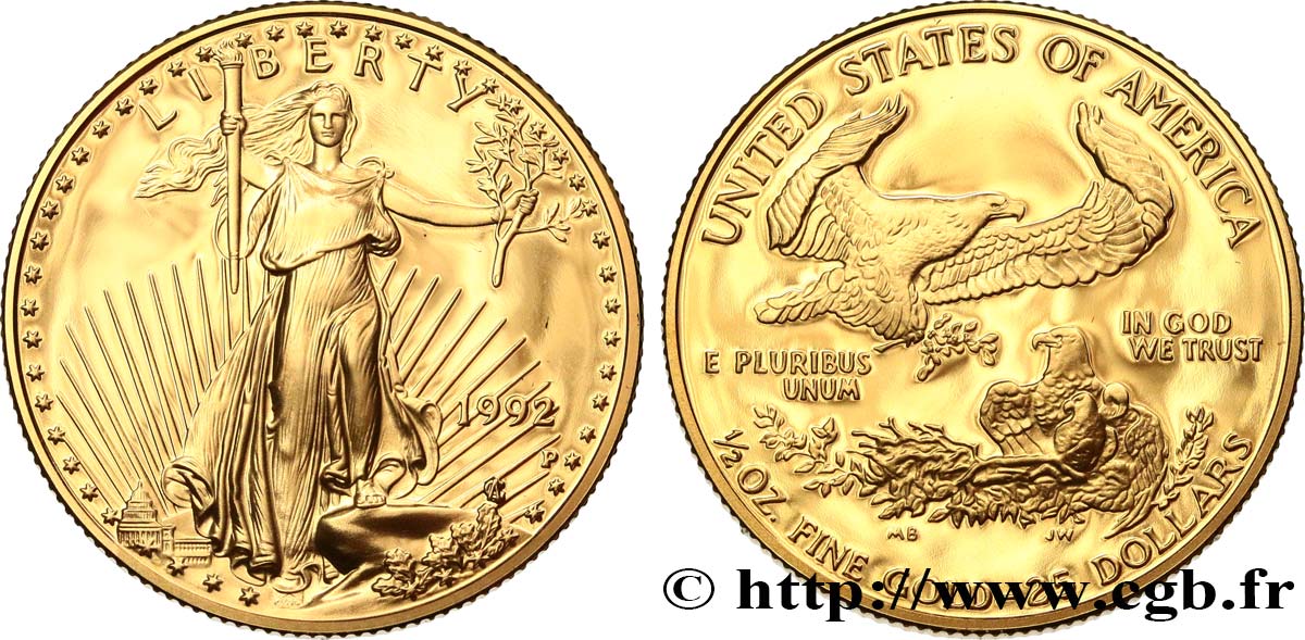 UNITED STATES OF AMERICA 1/2 once ou 25 Dollars Proof 1992 Philadelphie MS 
