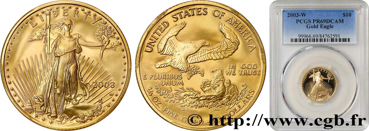 ÉTATS-UNIS D&nbsp;AMÉRIQUE 1/4 once ou 10 Dollars Proof 2003 West Point FDC69 PCGS