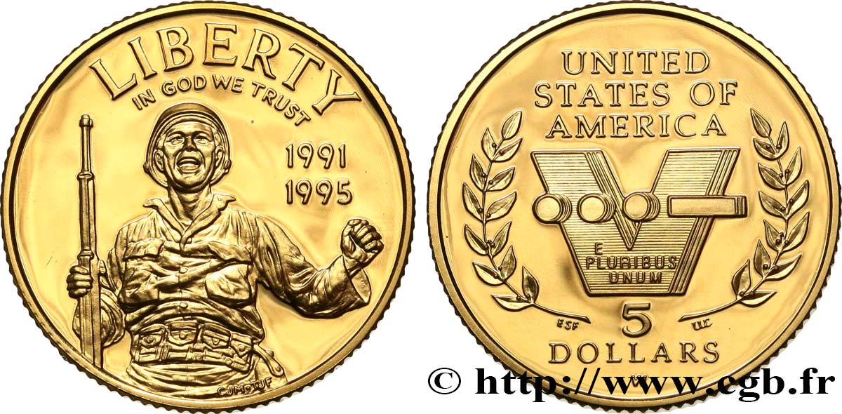 UNITED STATES OF AMERICA 5 Dollars Proof 50e anniversaire de la Seconde Guerre Mondiale 1991-1995 1993 West Point MS 