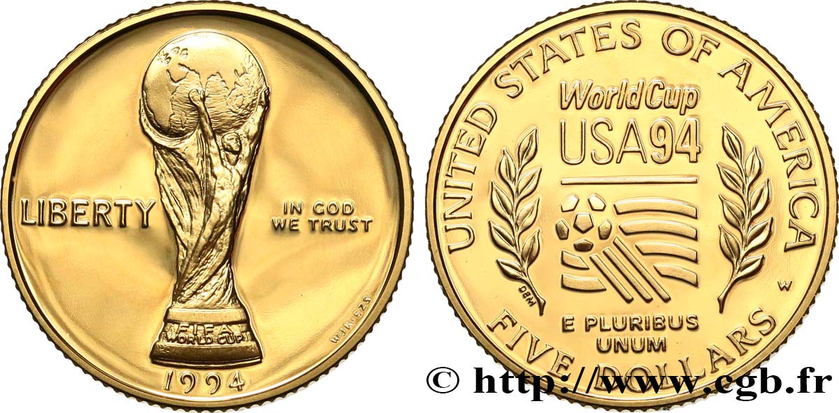 STATI UNITI D AMERICA 5 Dollars Proof FIFA Wolrd Cup 1994 West Point MS 