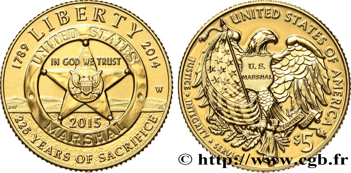 UNITED STATES OF AMERICA 5 Dollars Proof US Marshal 2015 West Point MS 