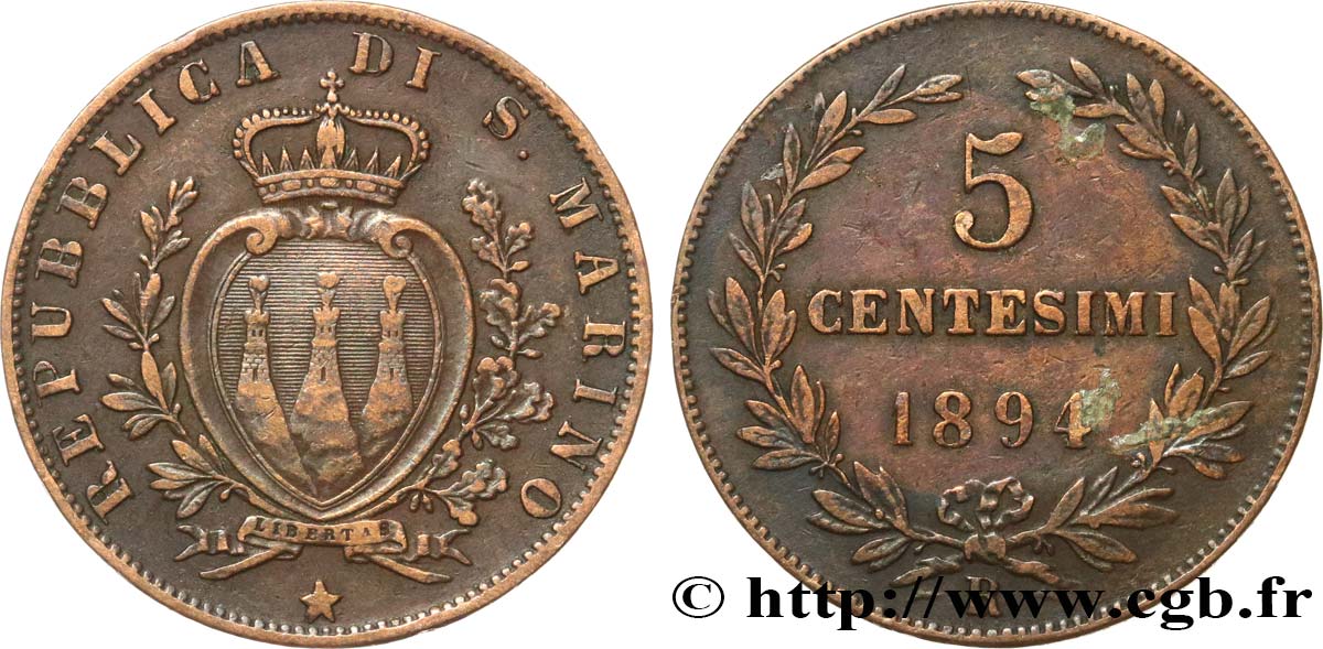SAN MARINO 5 Centesimi 1894 Rome fSS 