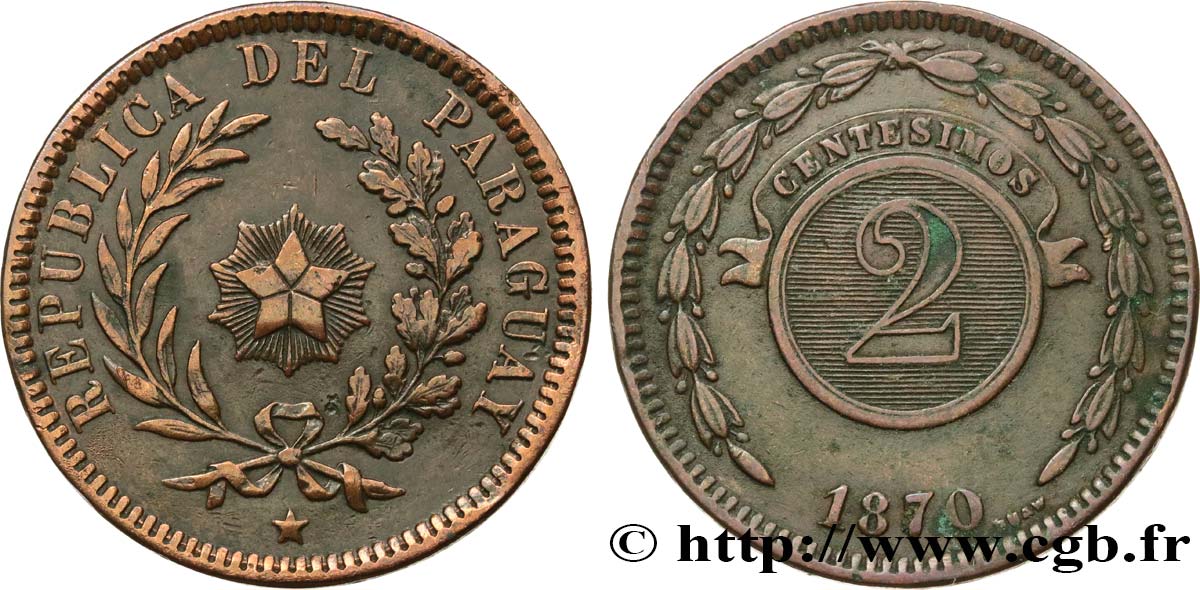 PARAGUAY 2 Centesimos 1870 Heaton TTB 