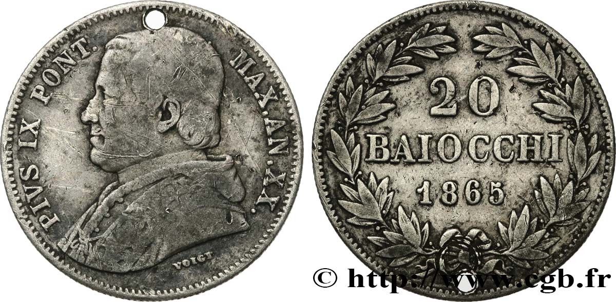VATICAN ET ÉTATS PONTIFICAUX 20 Baiocchi Pie IX an XX 1865 Rome TB+ 