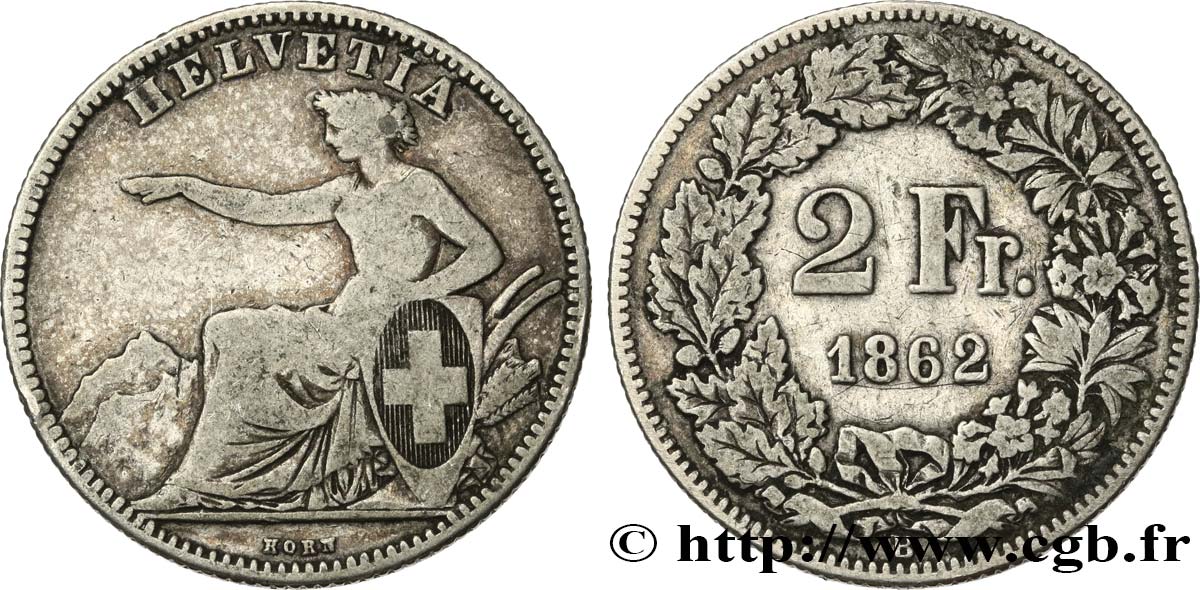 SUISSE 2 Francs Helvetia 1862 Berne TB 