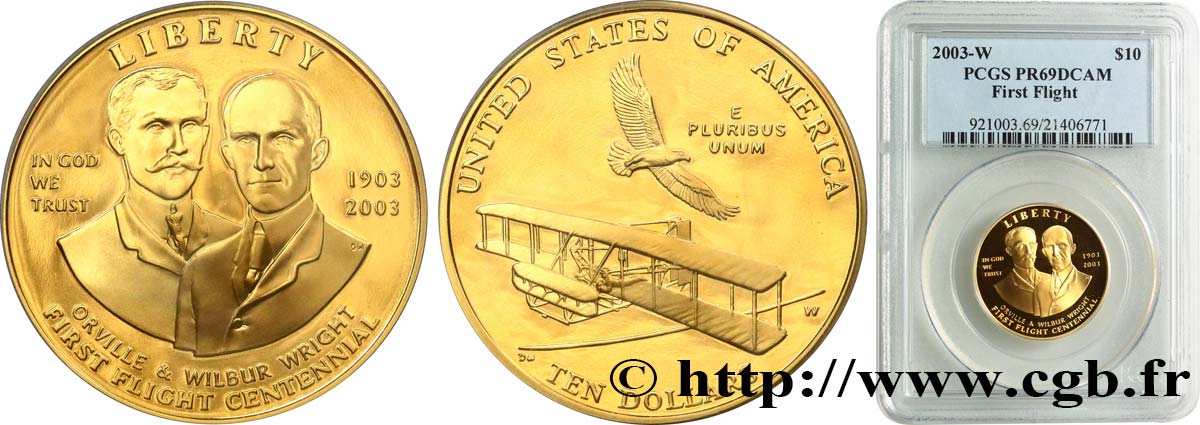 STATI UNITI D AMERICA 10 Dollars Proof Centenaire du 1er Vol 2003 West Point FDC69 PCGS